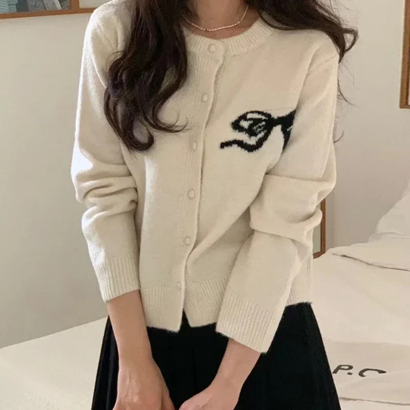 Cardigan Korea Chic Bow Embroidery Knitted Cardigans Fashion Single Breasted O-neck Sweater Knitwear Coat  2024 Spring Autumn