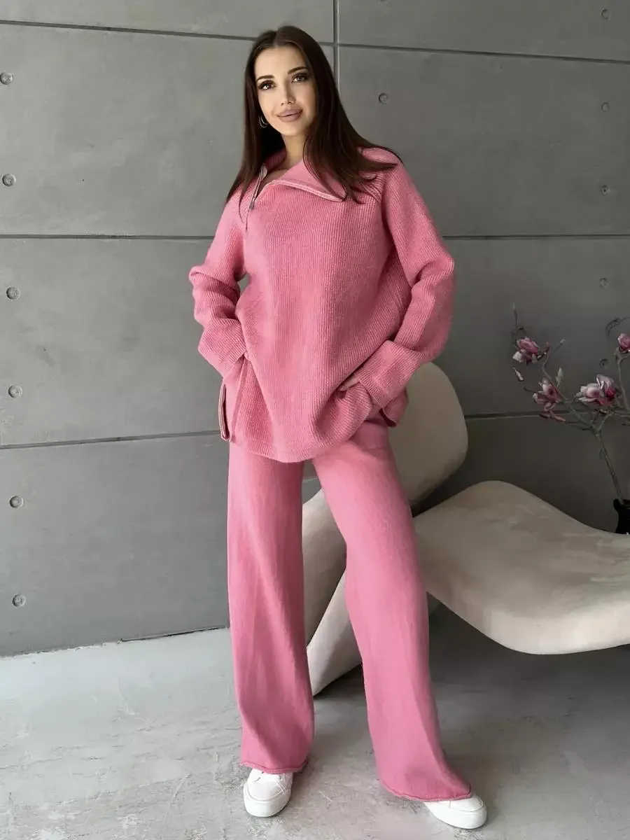 Autumn Winter Knitted Two Piece Set Women High-neck Zipper Sweaters Wide-leg Pants Suit Solid Turtleneck Sets for Women 2 Pieces