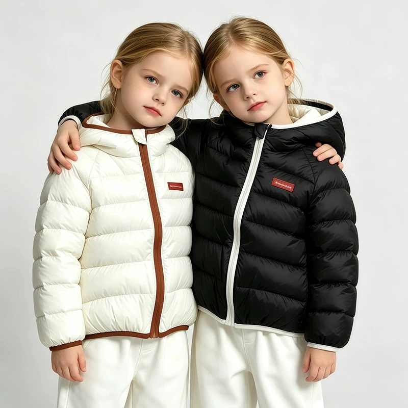 Kids Letter Icon Hooded Cotton Jacket Stylish Color Blocking Thick Warm Zip Coat 0-6 Years Boys Girls Windproof Sports Outerwear