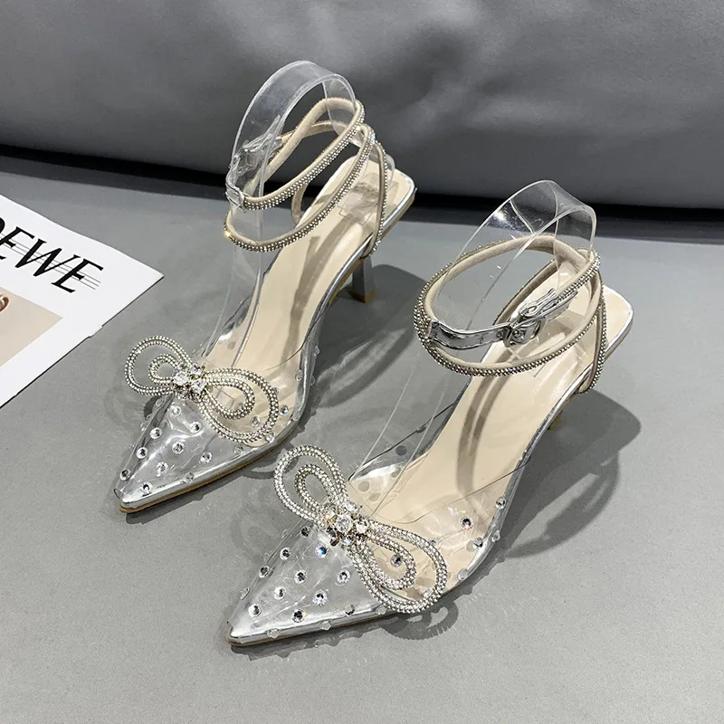 Summer Pointed Crystal Fairy Ladies Wind Sandals Rhinestone Butterfly-knot Transparent High Heel Women Sandals Fashion Shoes