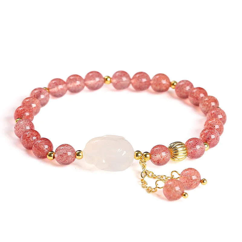 

Shinzue 5ANatural Strawberry Quartz Agate White Rabbit Bracelet Fashion Sweet Style Women's Jewelry