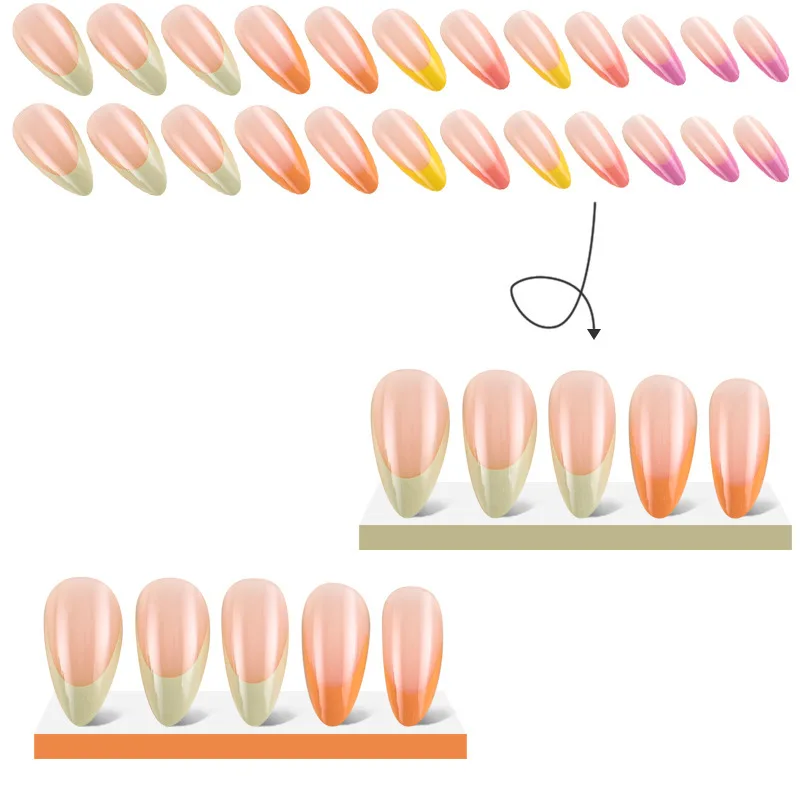 24 pçs francês multicolorido unhas falsas simples amêndoa unhas falsas arte removível imprensa artificial no prego com ferramentas de cola médio longo