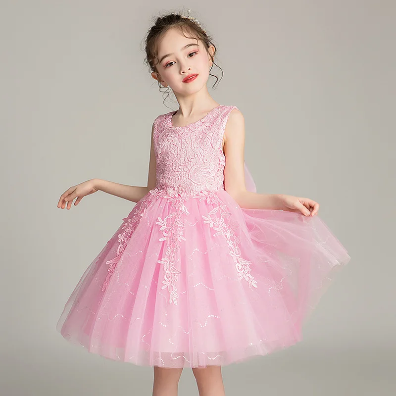 Summer Blue White Pink Champagne Kids Junior Princess Flower Girls Dress Birthday Wedding Party Tulle Water-soluble lace Gown