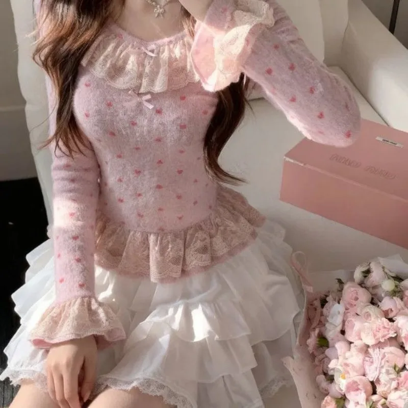 Sweet Dopamine Women Velvet Knit Top Autumn Winter Heart Print Lace Ruffle Hem Slim Waist Blouse