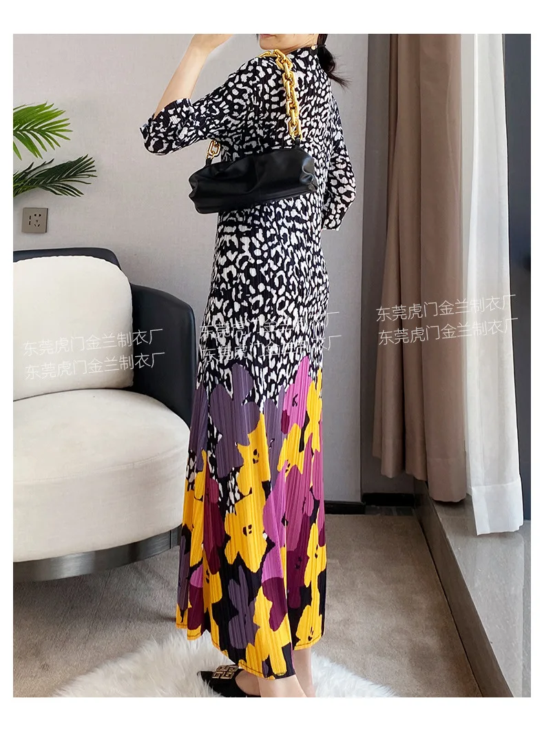 Miyake Pleated Retro Evening Dress Leopard Print Dress 2023 Spring and Autumn Large Size Fashionable Mid-Length Pleated Dress