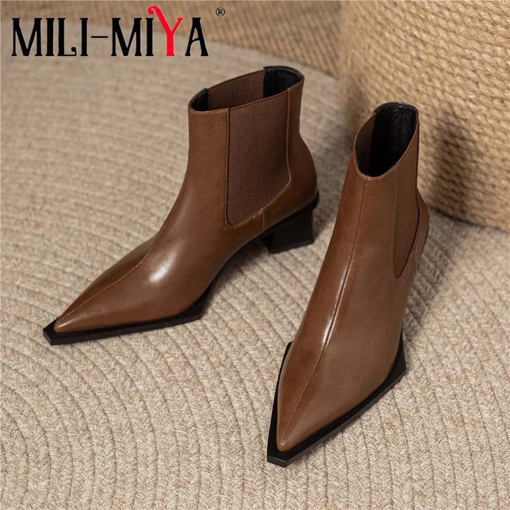 MILI-MIYA Fashion Big Size 34-43 Sexy Pointed Toe Women Cow Leather Ankle Boots Thick Heels Solid Color Slip On Handmade