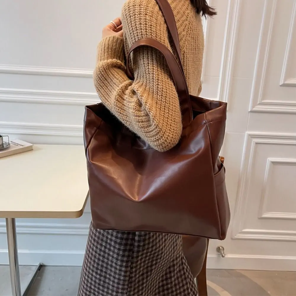 

Magnetic Buckle PU Leather Tote Bag Vertical Square Solid Color Portable Shoulder Bag Comfortable Handle Versatile