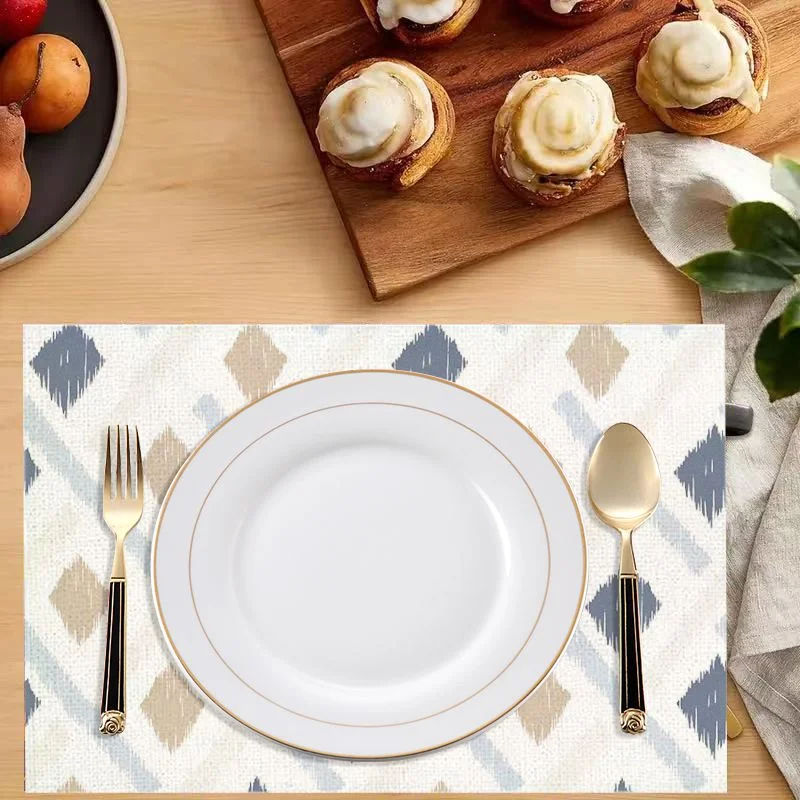 VIKAMA Light Blue Beige Geometric Diamond Placemats Sketch Pattern Table Mat Soft Tone Washable Heat Resistant Kitchen Decor