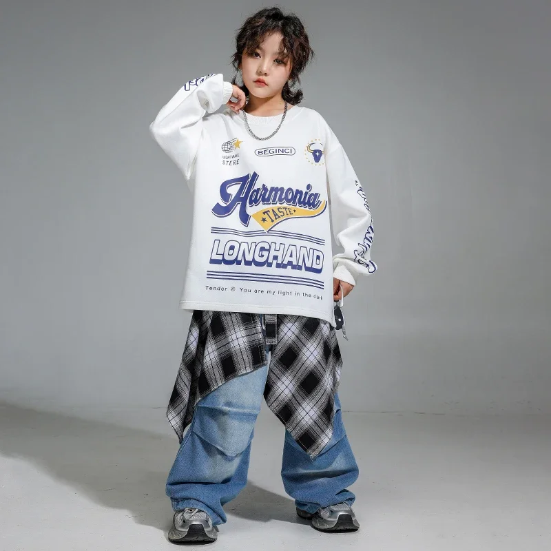 Boys Hip Hop Pullover Street Dance Denim Cargo Pants Girls K-pop Outfits Kids Jazz Sport Clothes Sets Children Stage Streetwear