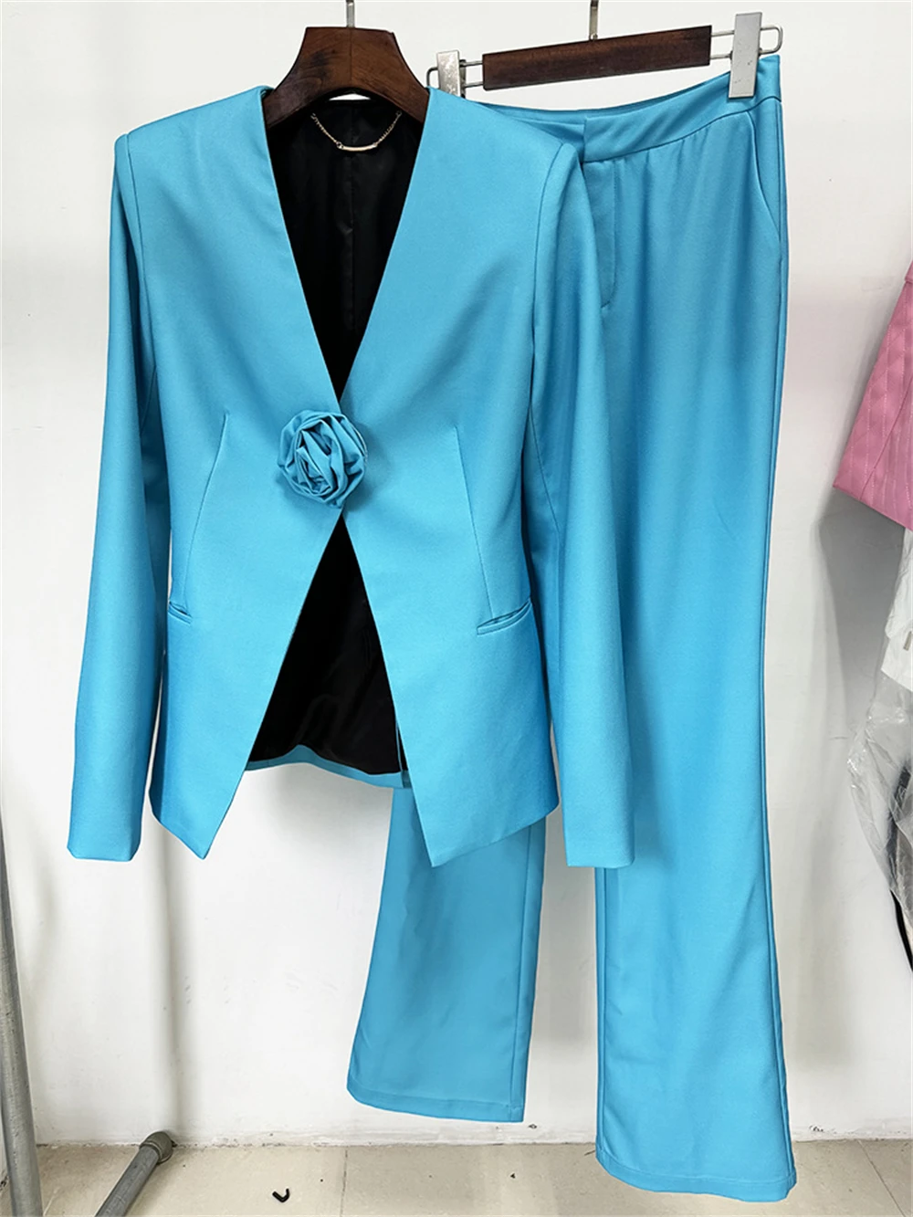 Completo da 2 pezzi alla moda blu per donna High Street Outfit Blazer Pants Slim fit Sexy Outfit Party dressswear