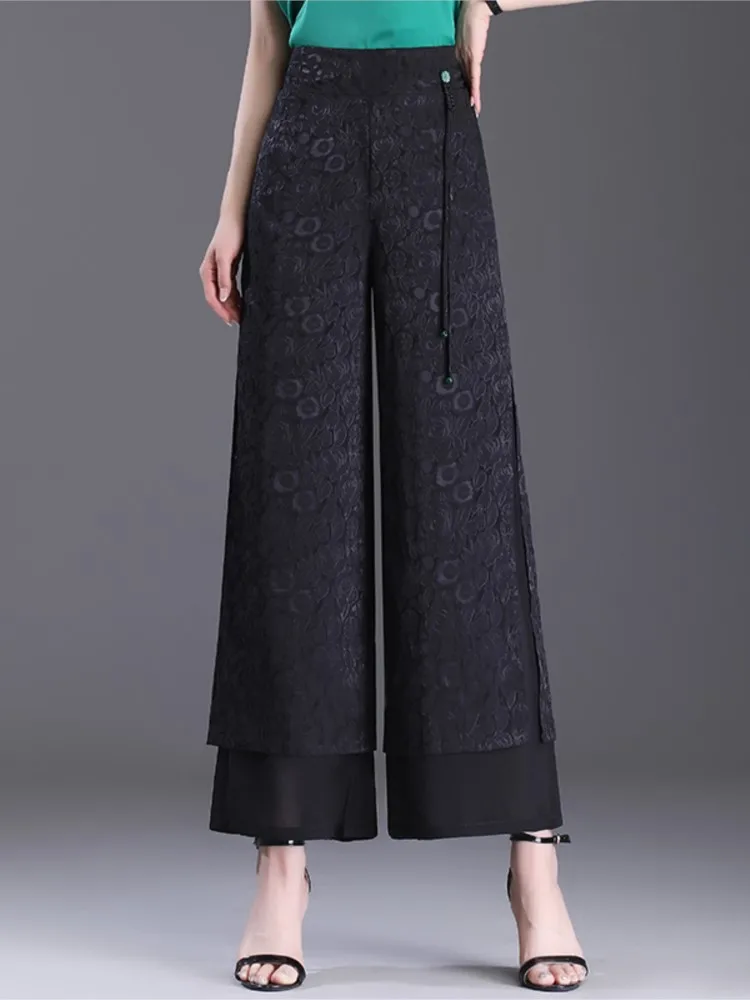  Double Layer Jacquard Chiffon Wide Leg Pants Slit Summer Comfortable Elastic Waist Chic Droop Chinese Style Thin Pants 4Colors