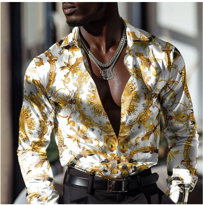 Men's Baroque satin shirt, men's long sleeved fashionable casual formal wear, vacation dinner party, summer spring and autumn co