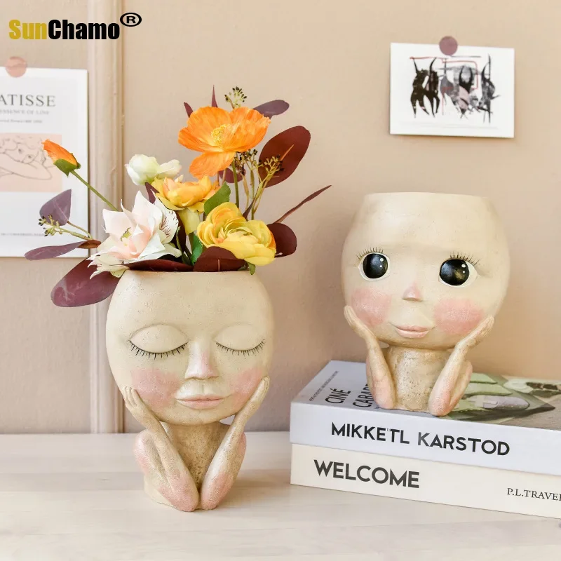 

Human Face Vase Decoration Big Eyes Doll Resin Flowerpot Figure Sculpture Crafts Storage Container Flower Arrangement Containers