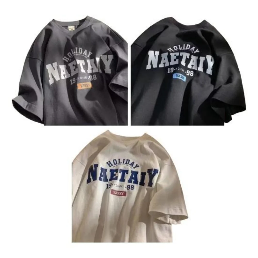 男性夏の Tシャツレタープリント半袖ラウンドルーズレトロ和風カジュアル日常着ティーンエイジャーストリート春トップ