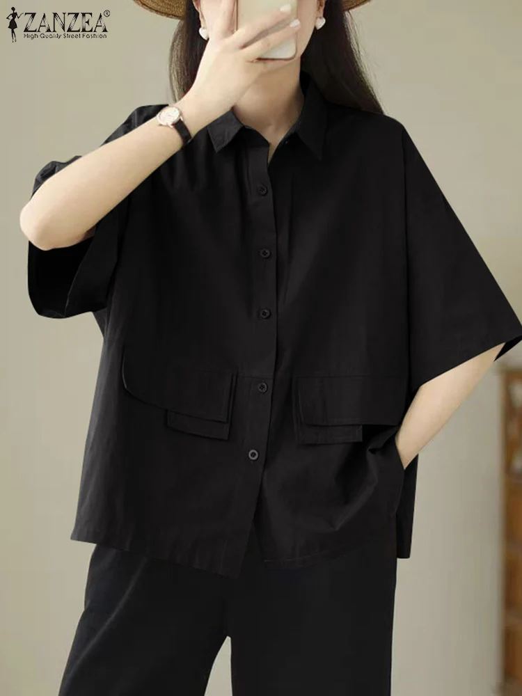 ZANZEA Casual Colletto rovesciato Camicie Donna Tunica Streetwear Tasca Cover Abbigliamento da lavoro Top 2025 Moda Mezza manica Allentato Blusas