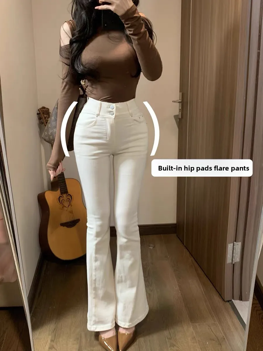 

High Waist Stretchy Denim Pants with Butt Enhancing Pads Korean Sle Tummy Control Long Pants Bell Bot Cotton Elastic
