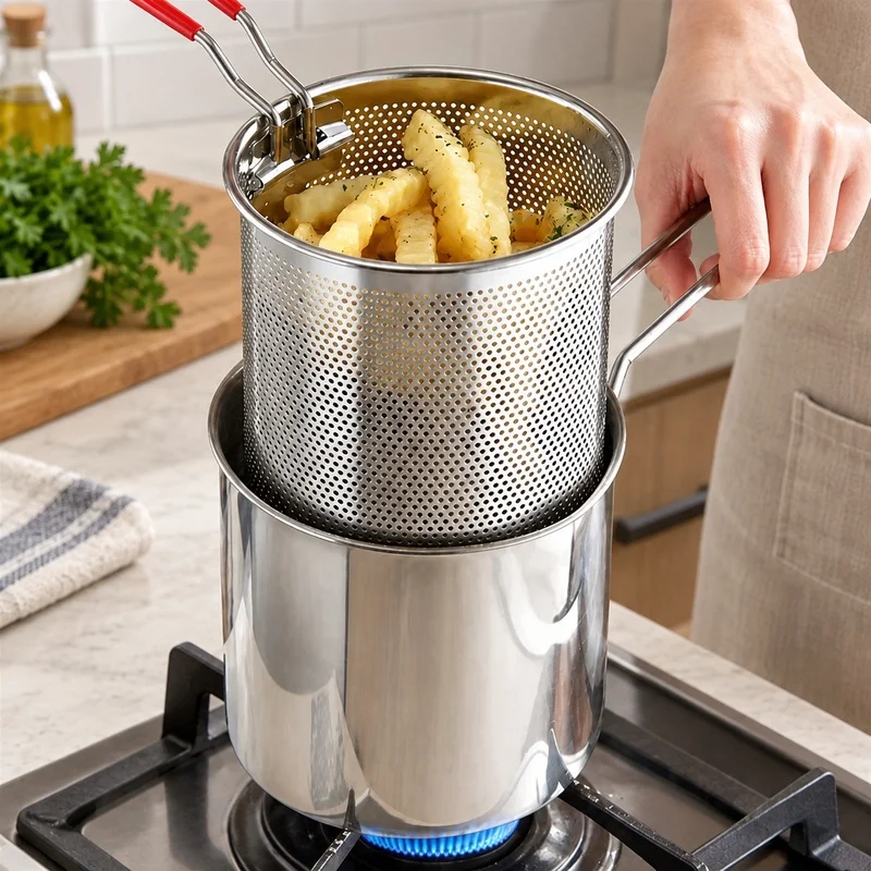Home Kitchen Deep Fryer with Stainless Steel Body, Oil Filtering System, and Basket for Crispy Fries and Chicken Wings