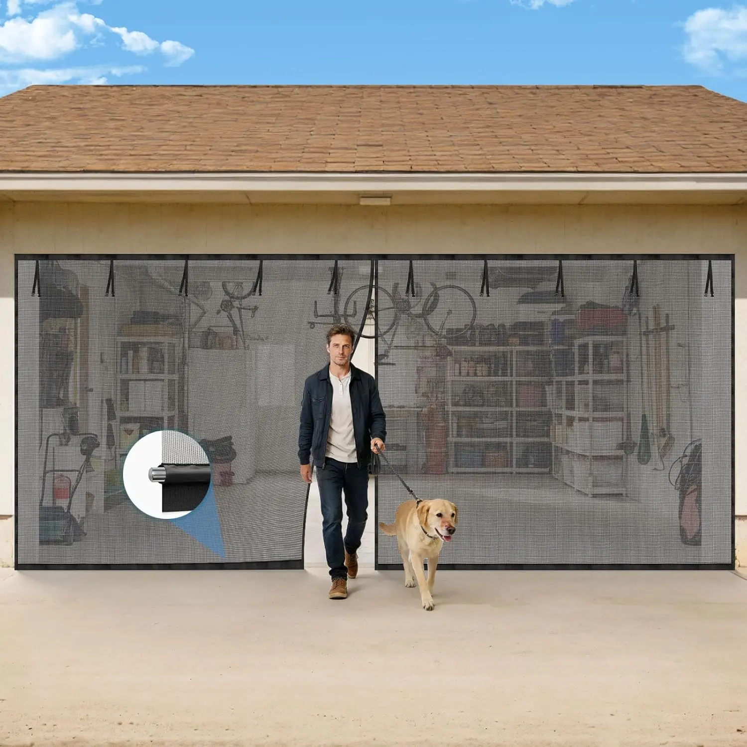 2026 Upgraded 16x7FT Garage Door Screen with Anti-Wear Bottom Base, Widened Hook & Loop Garage Net Screen 2 Car Bug Proof Fib