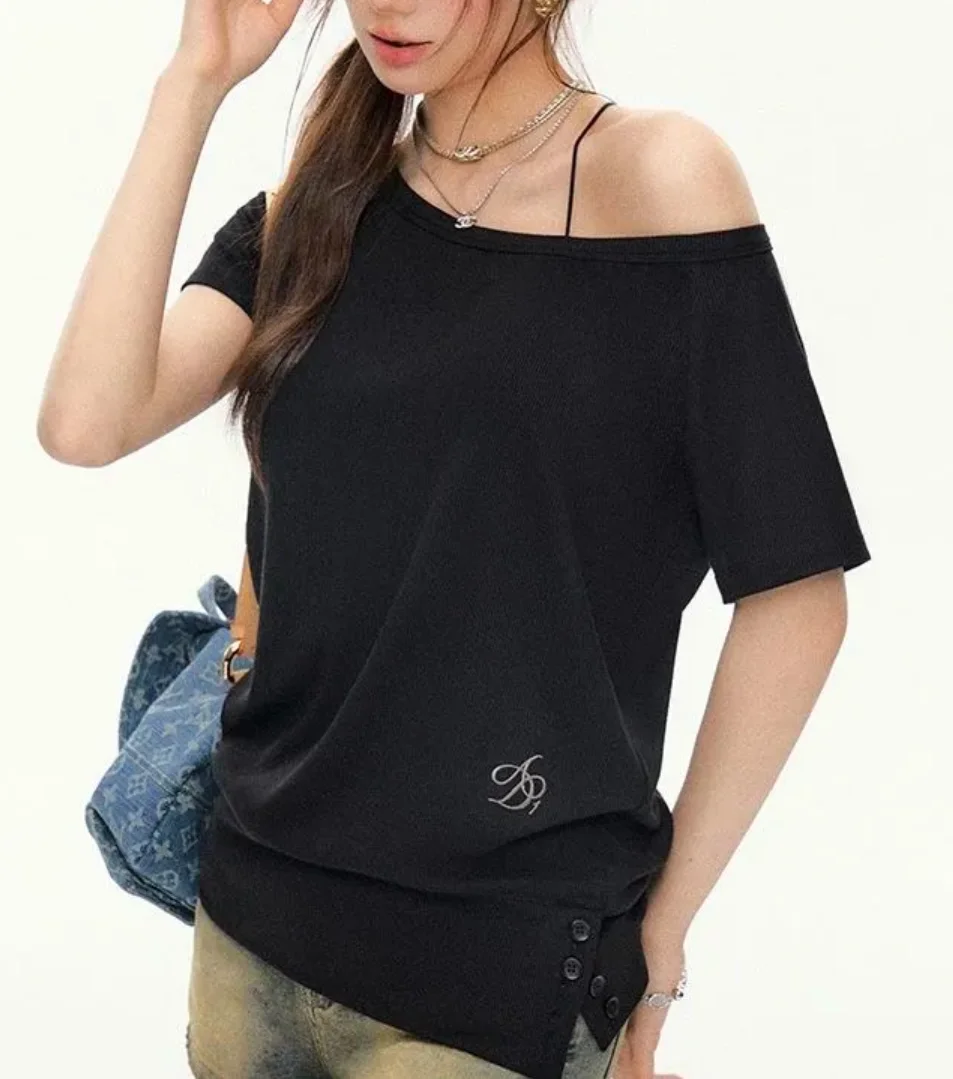 

2025 New Fashion Streetwear Cotton Skew Collar Short Sleeve T-shirt American Retro Niche Design Asymmetrical Loose T-shirts Y2k