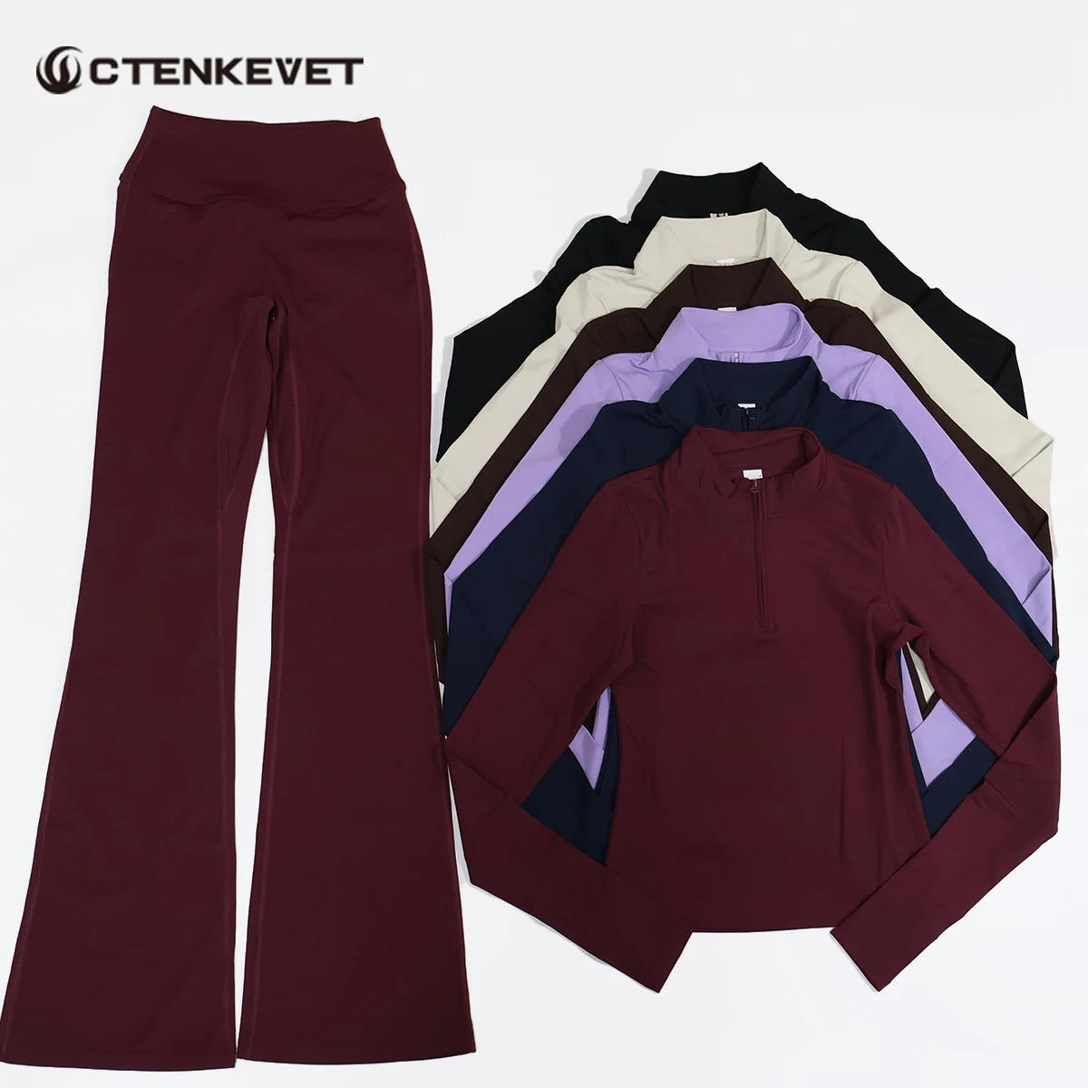 

Ctenkevet Women's High Waist Yoga Set Two-Piece Gym Sport Outfit Woman‘s with Half Zipper Top And Flared Pants for Workout