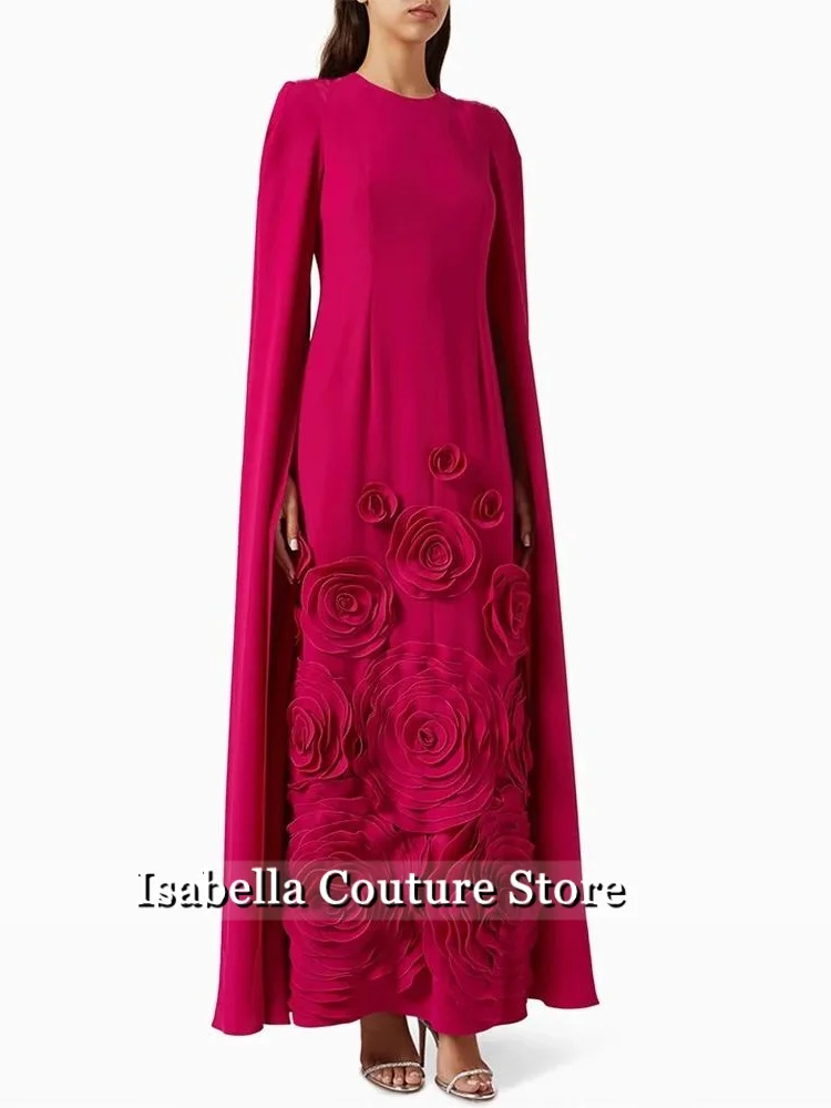 

Red Wedding Evening Dress Customized Round Neck Long Sleeves Beading Flowers A Line Saudi Prom Gown Dancing Party Dresses