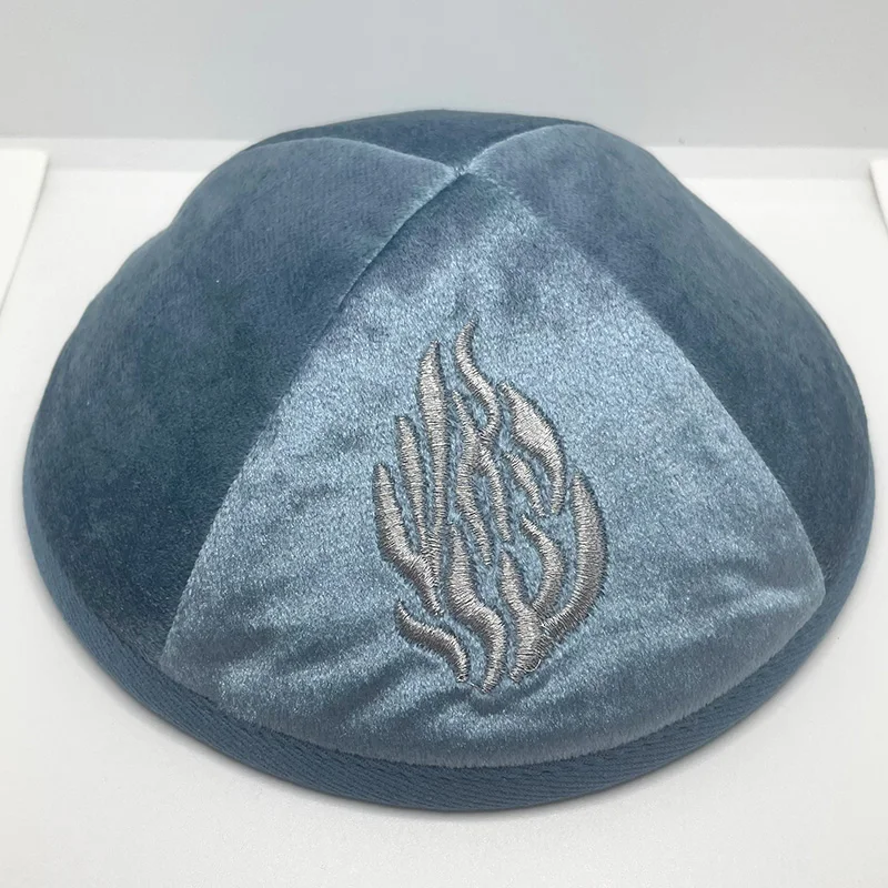 18 cm große Samt-Kippah mit Feuer-Stickerei für Herren, Yamaka-Hut, Kippot, Königsblau, Grau – Detail 4