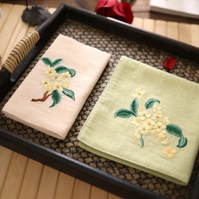 Chinese Style Sweet Osmanthus Embroidered 100% Cotton Double Layer Soft Handkerchief Portable Sweat Absorbent Hanfu Accessory