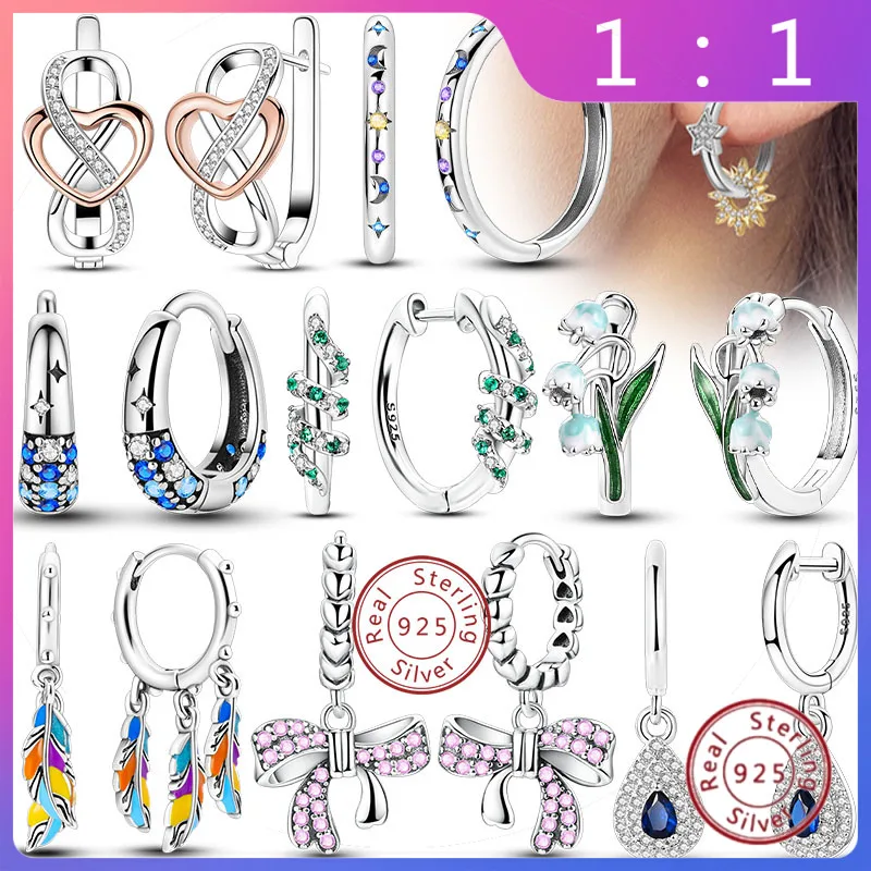 Pendientes de Aro de Plata de Ley 925 para Mujer – Colgantes de Estrella y Corazón de Circón