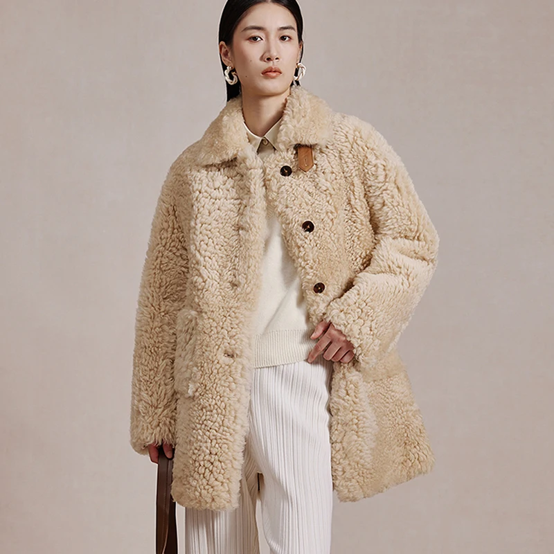 Luxury Tuscan Lambwool Mid-length Winter Jacket Women 2024 New High-end Thickened Warm Natural Sheepskin Real Fur Coat