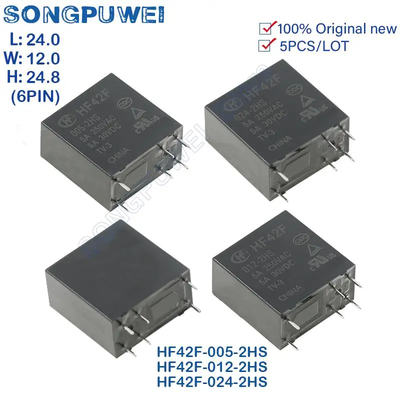 5PcsHF42F -005 012 024 -2HS 5A 6Pin 250VAC 2 Form A Relay 5V 12V 24V DC FTR-F4AK024T F4AK024T HF42F-024-2HS 100% Original new