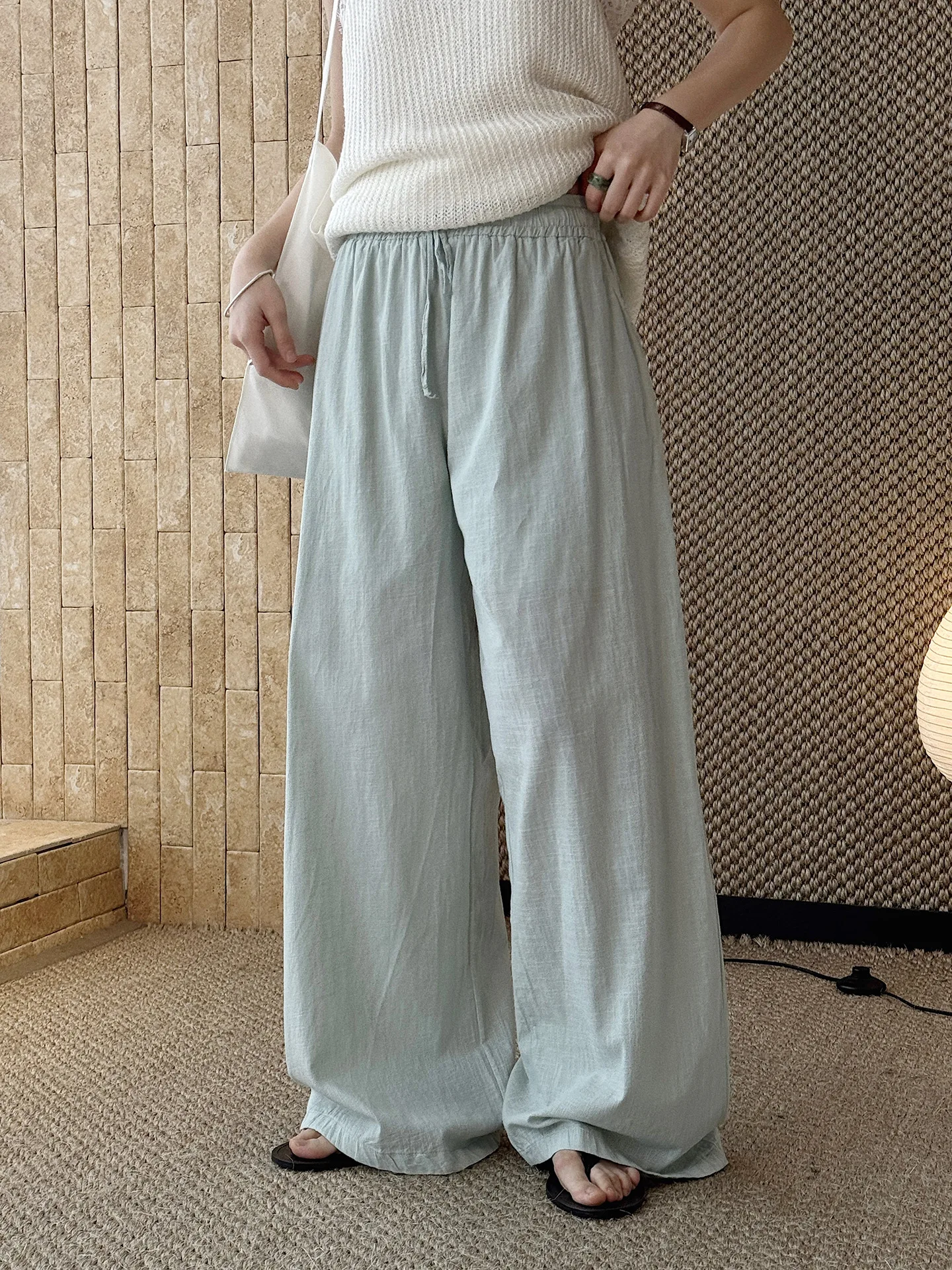 RZIV Summer solid color elastic drawstring straight leg casual pants with loose silhouette for women