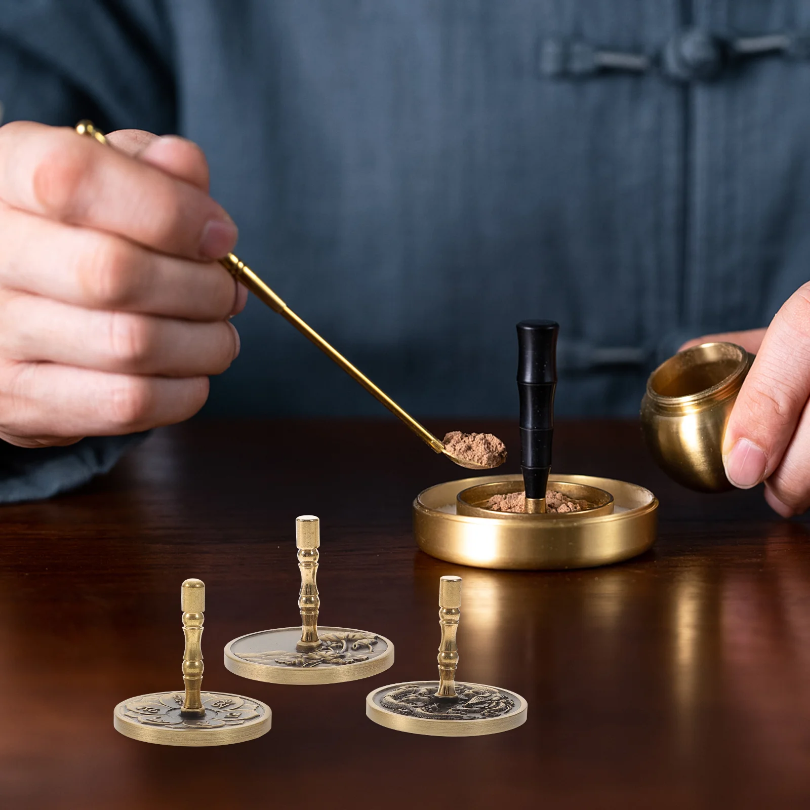 

3 шт., латунный медный инструмент для прижима для благовоний и пепла, нескользящая ручка, гладкий край, принадлежности для изготовления благовоний для йоги, медитации, спа