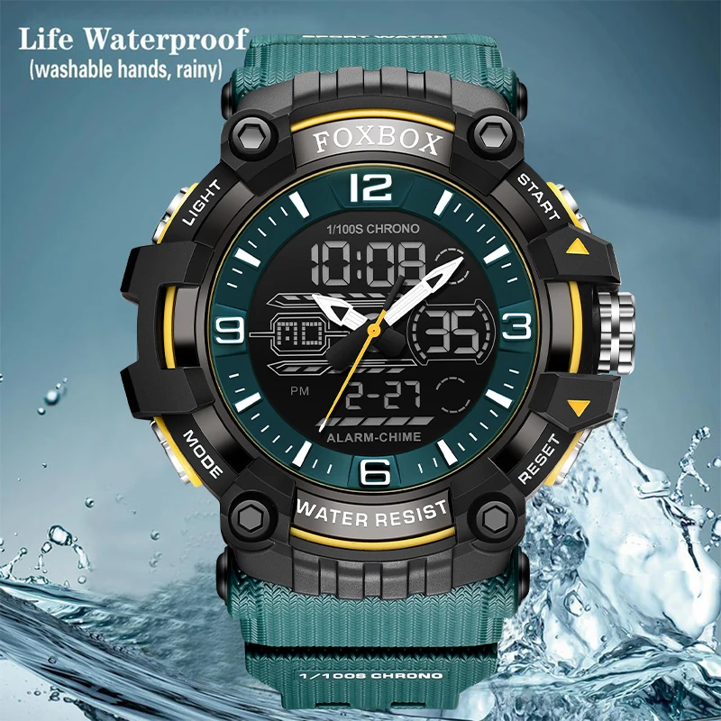 FOXBOX Men Military Watches Silicone Strap Waterproof Wristwatch Casual Sport Chronograph Alarm Digital Clock Relogio Masculino