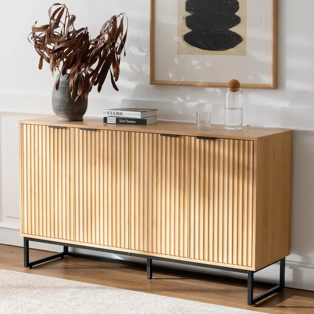 Moderner, geriffelter Boho-Sideboard-Schrank – 4-türiger Buffet-Konsolentisch mit verstellbaren Regalen für Akzent-Aufbewahrungsbar