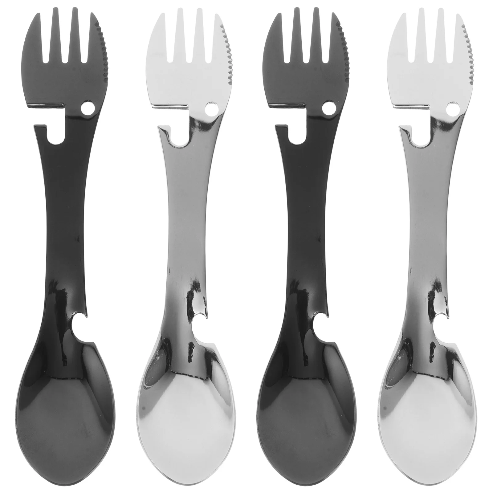 

4Pcs Stainless Steel Multifunctional Fork Spoon Knife Portable Outdoor Camping Travel Utensil Set Bottle Opener Sporks Reusable