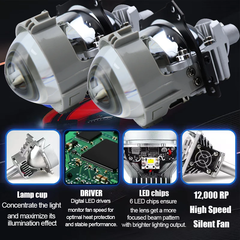 90W 2.5\'\' Bi-Led Lens for H1 H4 H7 9005/9006 Socket Car Headlight Retrofit Upgrade Full Kit with LED Shrouds White