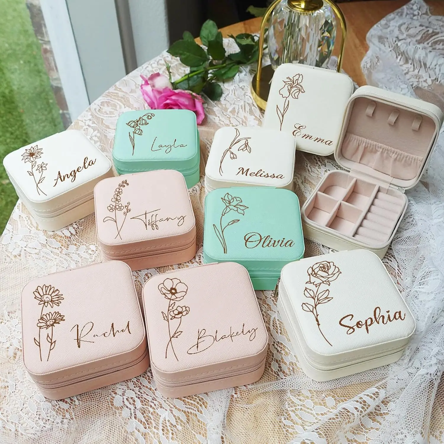 Customized Travel Jewelry Box w/Month Flower & Name | Personalized Jewelry Organizer Ring Case | Custom Bridesmaid Gifts