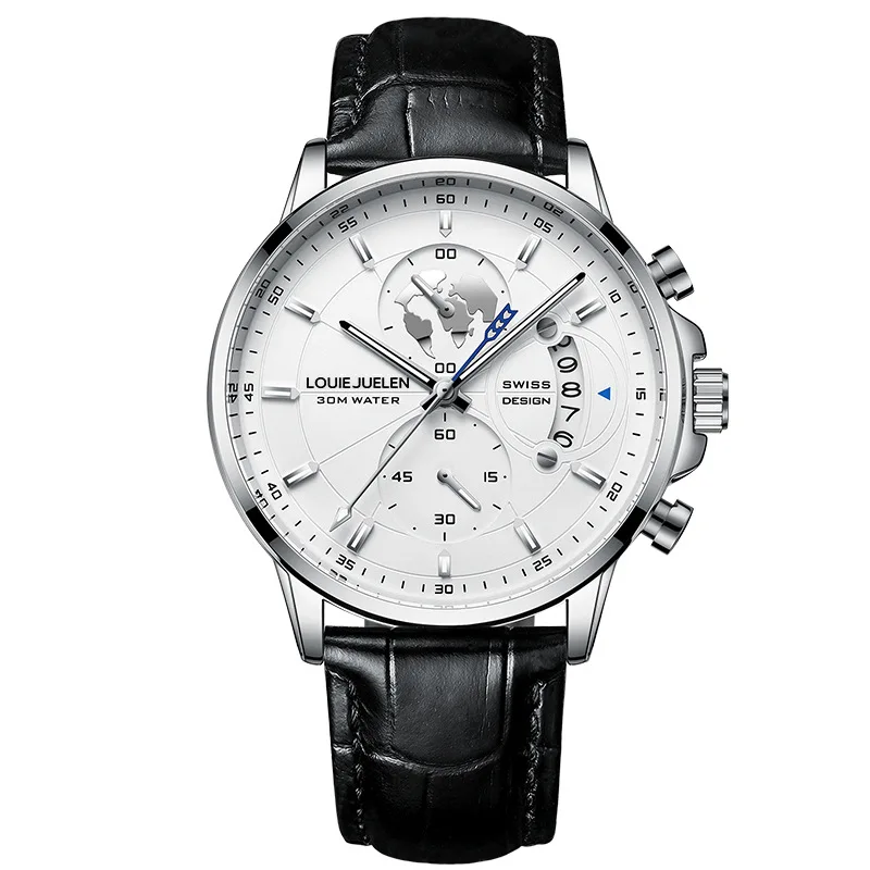 LOUIE JUELEN Couple Watches Multifunction World Map Dial Black Leather Strap Luminous Quartz Wristwatch Lovers Pair Gift Set