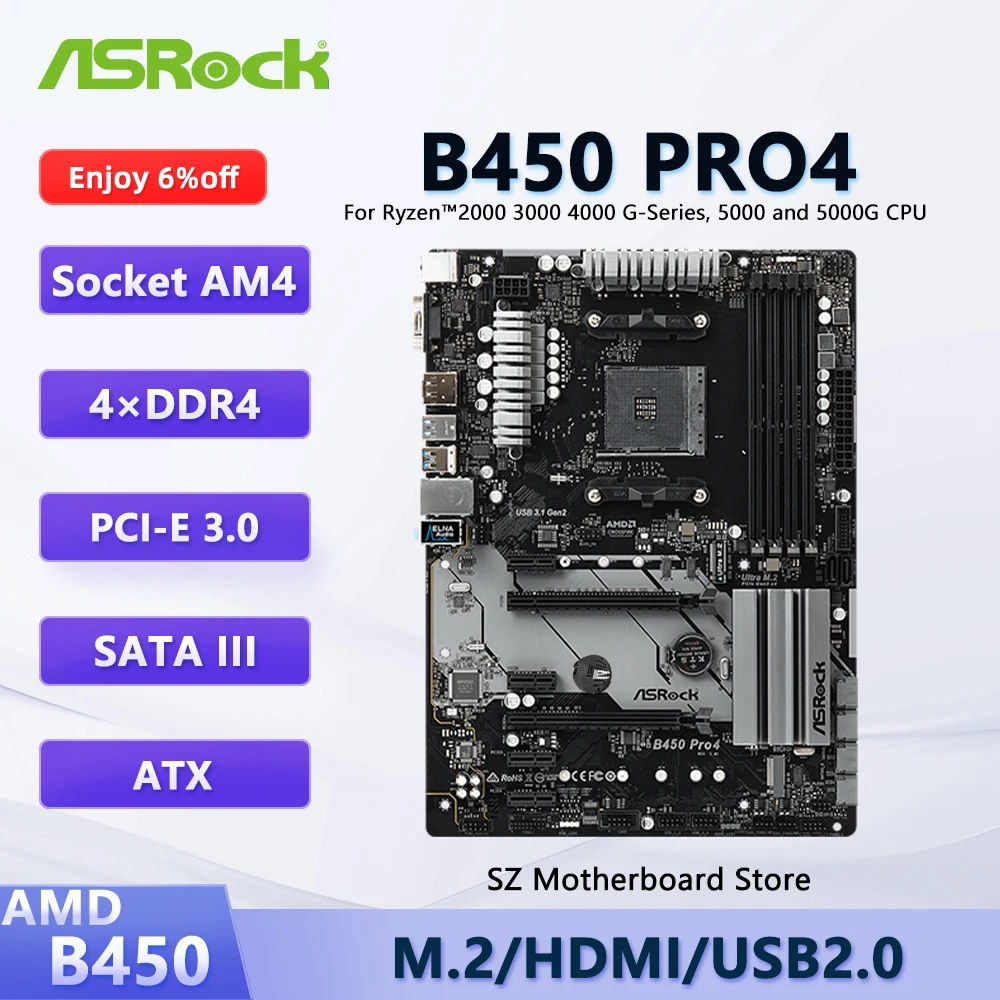 ASRock B450 PRO4 AMD B450 AM4 carte mère pour Ryzen 5/7/9/3 5600 5800X3D 5900X 4100 CPU DDR4 3200 + (OC) M.2 HDMI ATX carte mère ASRock B450 PRO4 AMD B450 AM4 carte mère pour Ryzen 5/7/9/3 5600 5800X3D 5900X 4100 CPU DDR4 3200 + (OC) M.2 HDMI ATX carte mère
