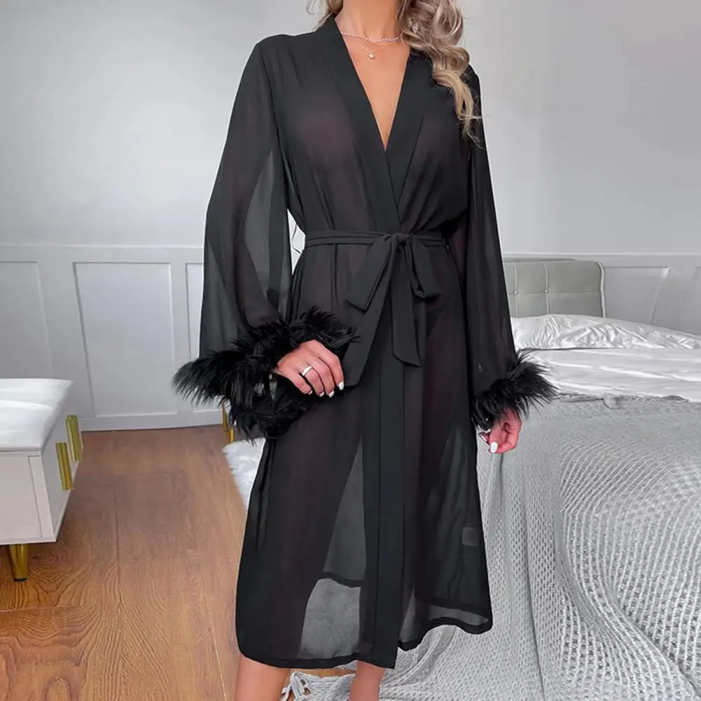 

Sexy Robe Feather Trim Sheer Mesh Robe with Waist Tie Long Sleeve Belted Kimono Robe Fancy Bridal Wedding Nightgown Bathrobe 80%