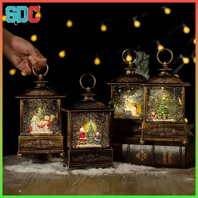 Carillon natalizio con lanterna e globo di neve con luci glitterate vorticose, ornamento di Babbo Natale, regalo per bambini, giocattolo vocale elettronico