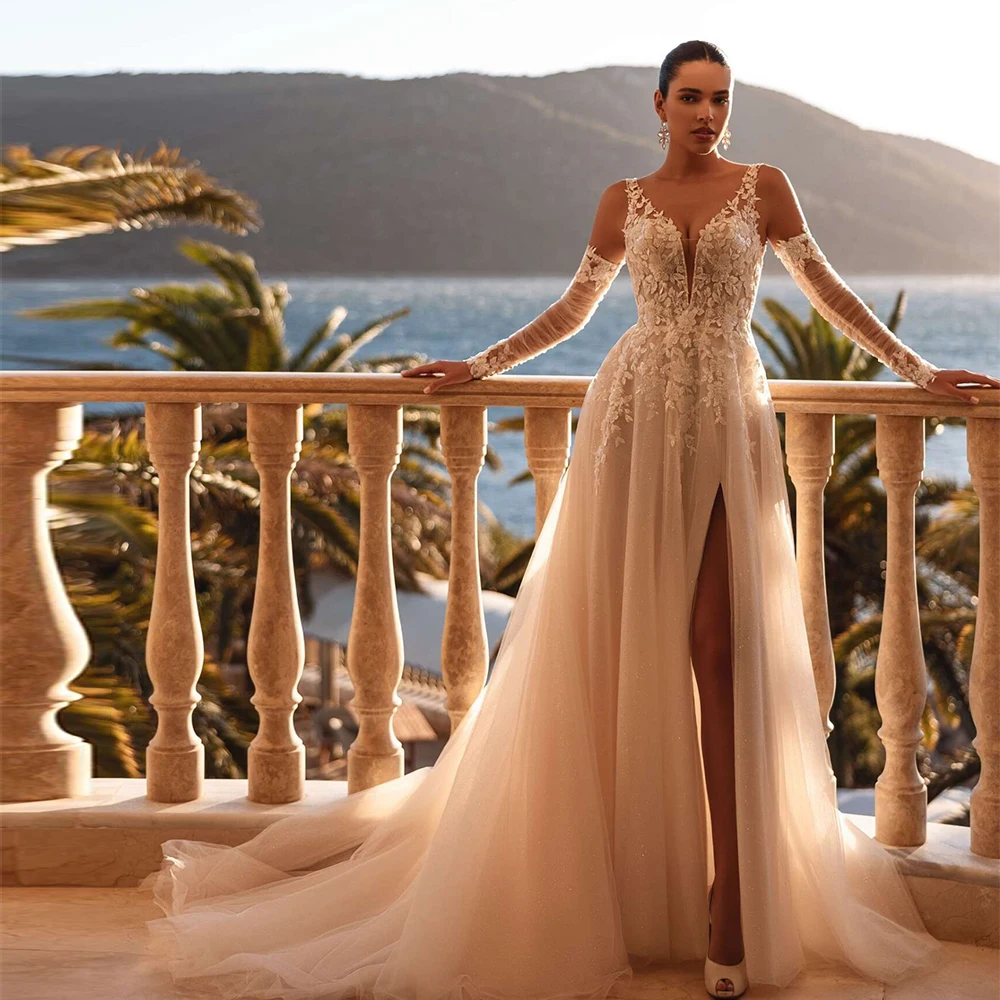 Customized Sparkly Tulle Applique Wedding Dress Sleeveless Sweep Train Gown V-Neck Side Slits With Applique Lace Sleeves 2025