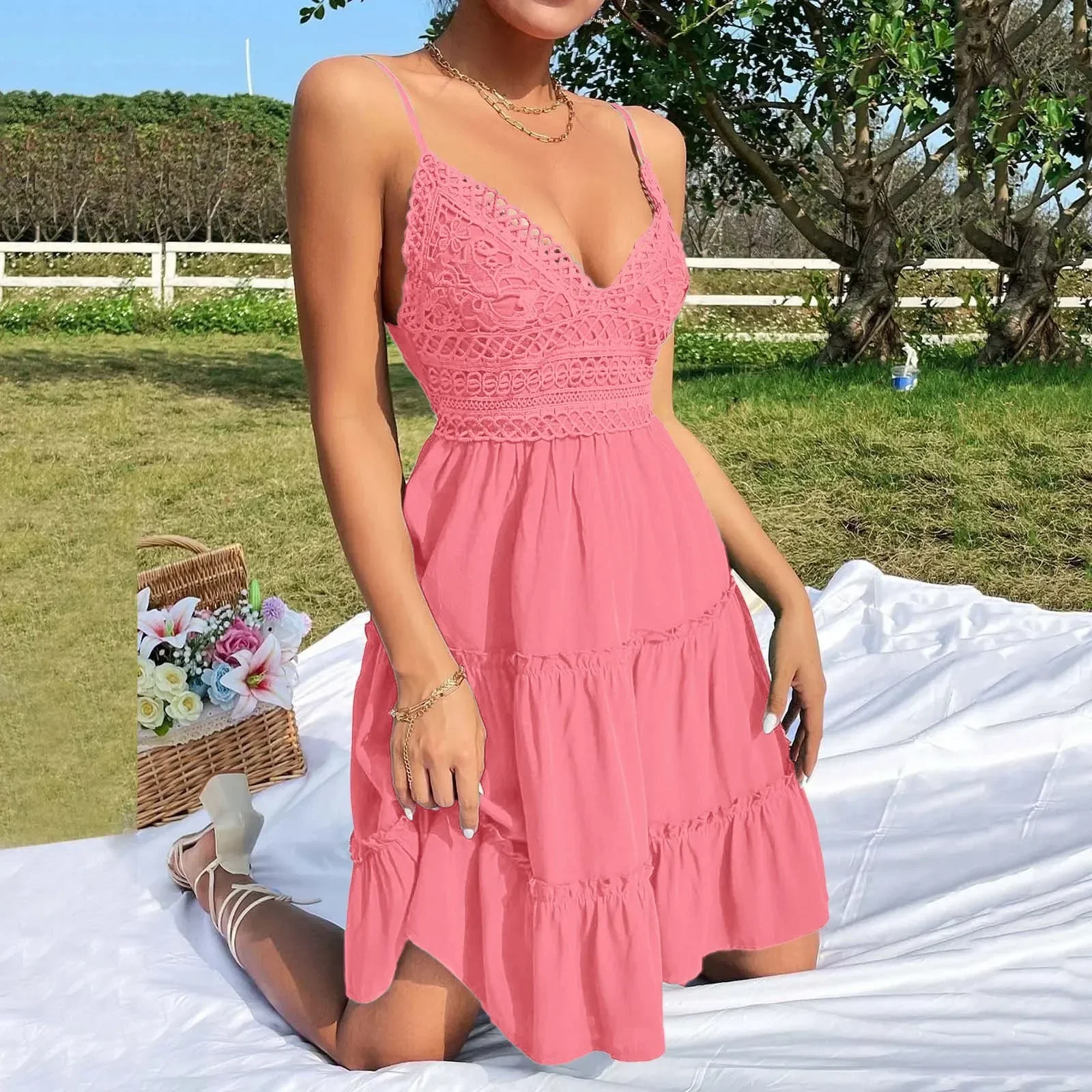 

Beach Sun Dress For Women Summer Lace V Neck Dresses Dot Ruffle Sleeveless Dresses A Line Sexy Ladies Dress Casual Clothes