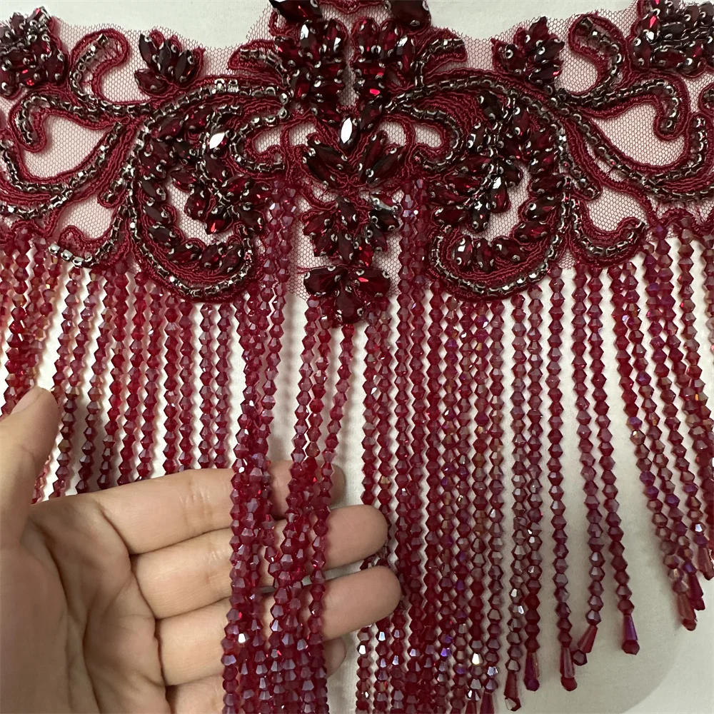 1PCS High quality Handmade Beaded rhinestones wedding patches with  tassels  appliques  for clothes decoration