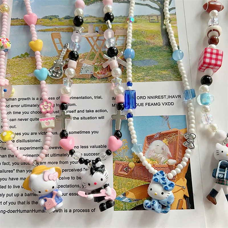 헬로 키티 컬러 비드 목걸이 Sanrio KT 고양이 참 쇄골 체인 쥬얼리 짧은 목걸이 소녀의 선물