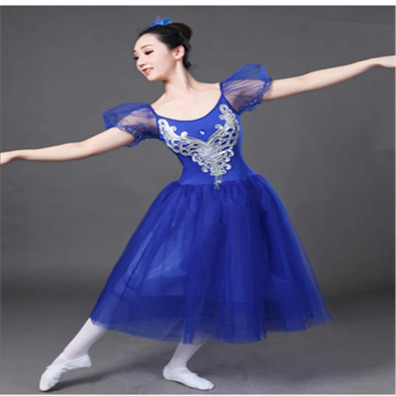 Adult Puffer sleeve ballet long dress Exercise suit pink color Swan Lake long veil performance costume girl's TUTu dress