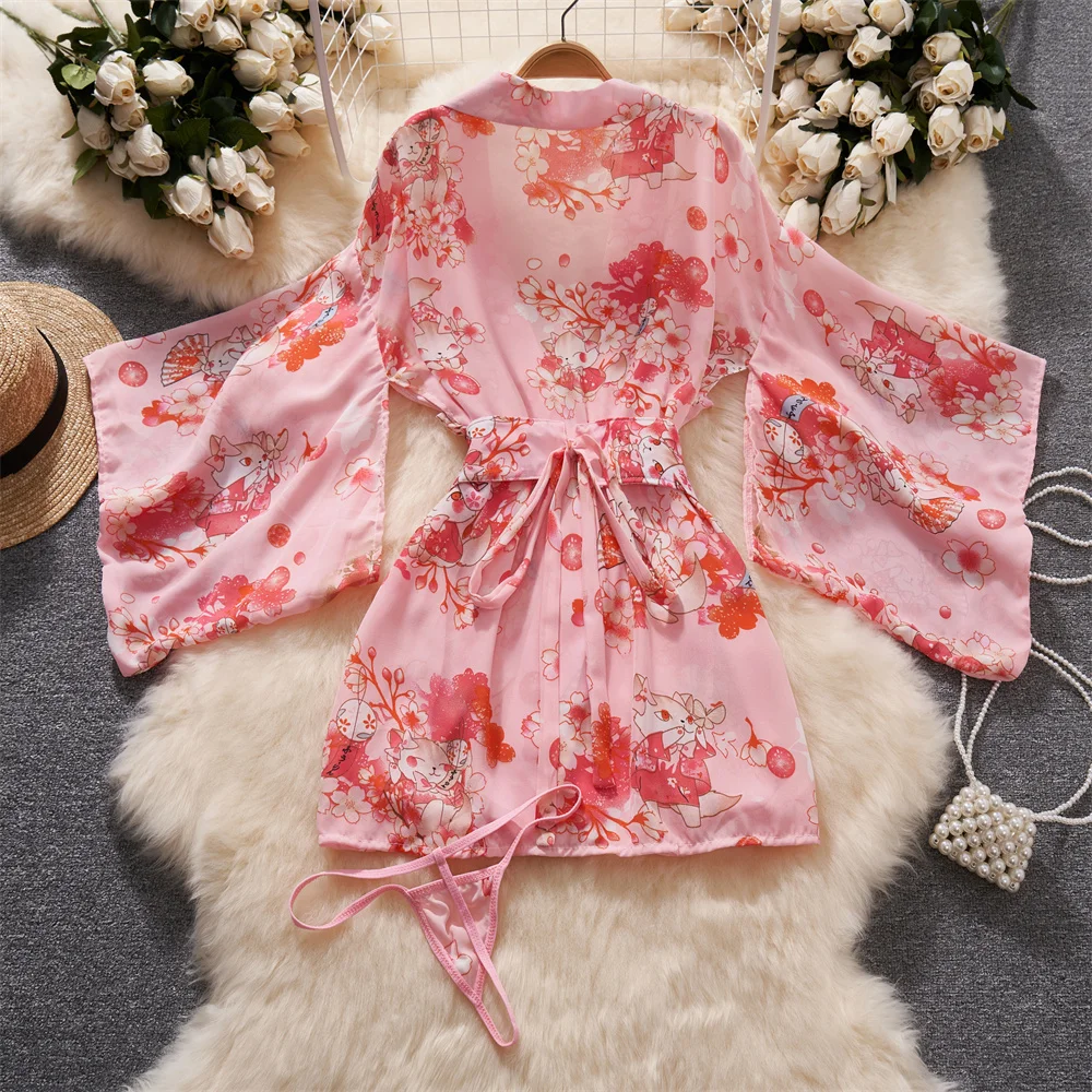 الوردي Hotsweet طباعة فستان قصير شير مثير كيمونو البتلة كم البشكير النساء الملابس السرية المثيرة الملابس الداخلية الجديدة في فستان بيجامة