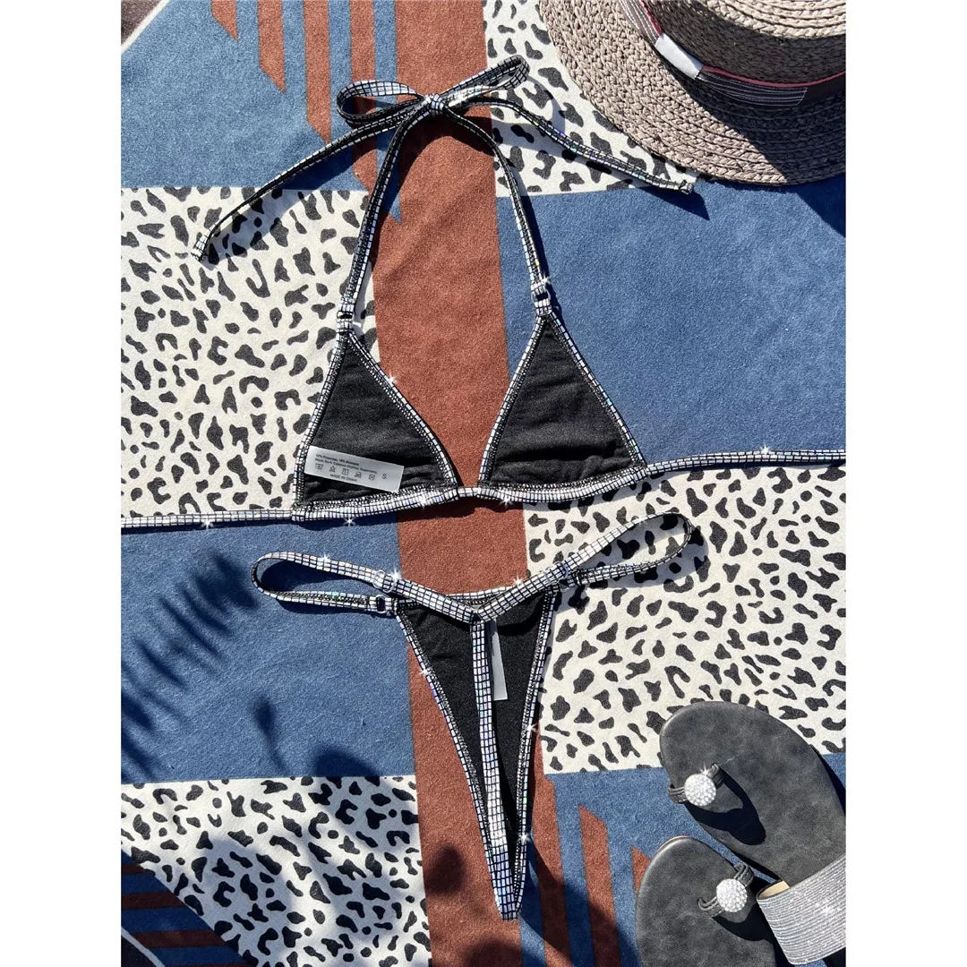 Silberner Pailletten-Mini-Micro-Tanga-Bikini, Damen-Badeanzug, zweiteiliges Bikini-Set, Badebekleidung, Badeanzug, Modell V4394. – Detail 12