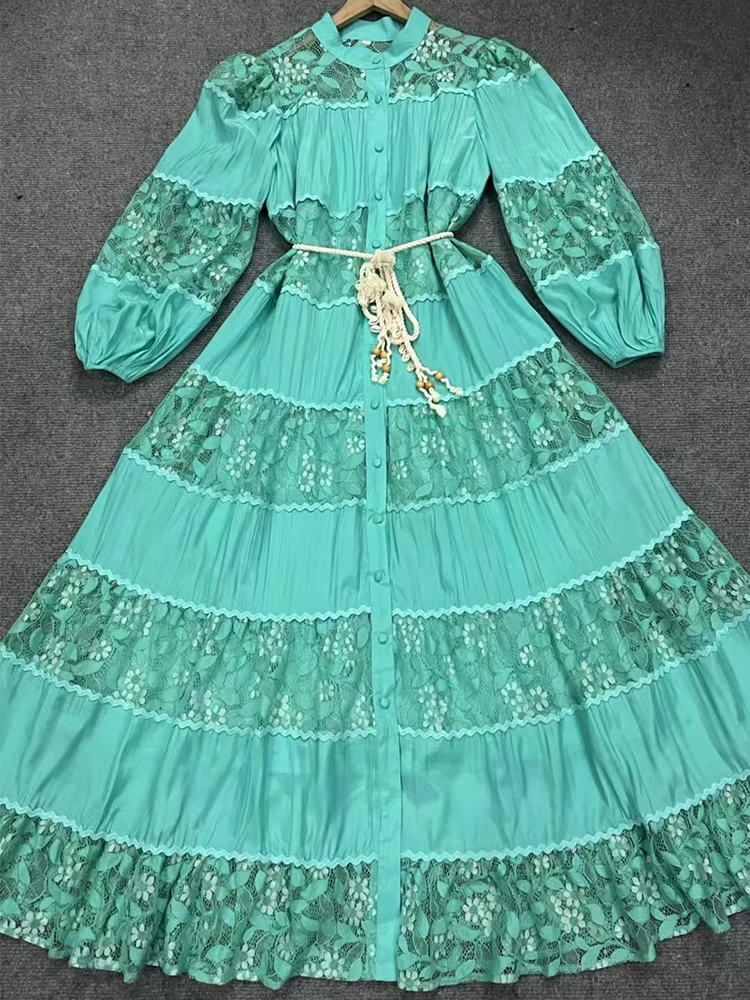 자수 컷 아웃 패치 워크 레이스 레이스 업 허리 드레스 2025 봄 여성 셔츠 드레스 패션 느슨한 다단계 퐁파두르 스커트