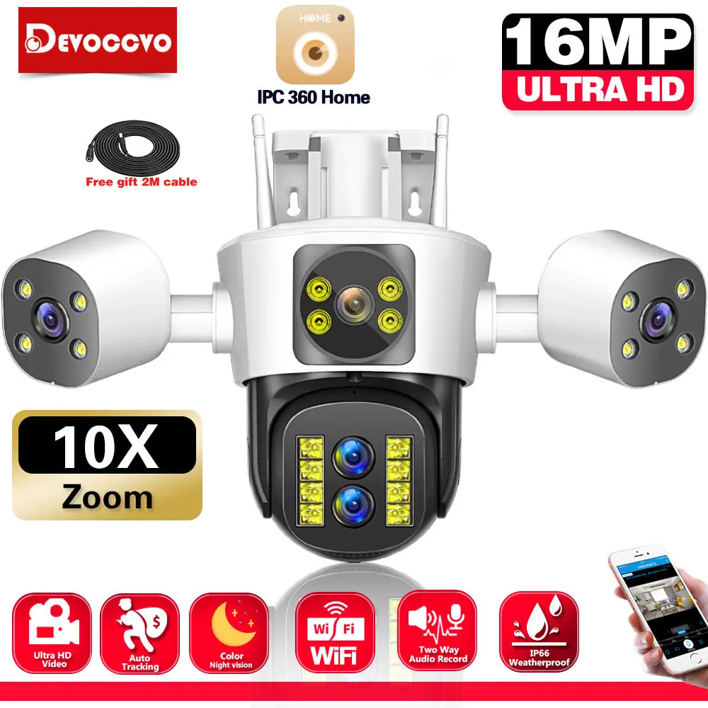 

Home 16MP Four Lens WIFI PTZ Security Camera Three Screen 10X Zoom AI Human Auto Tracking 8K 4K Outdoor CCTV Surveillance Camera